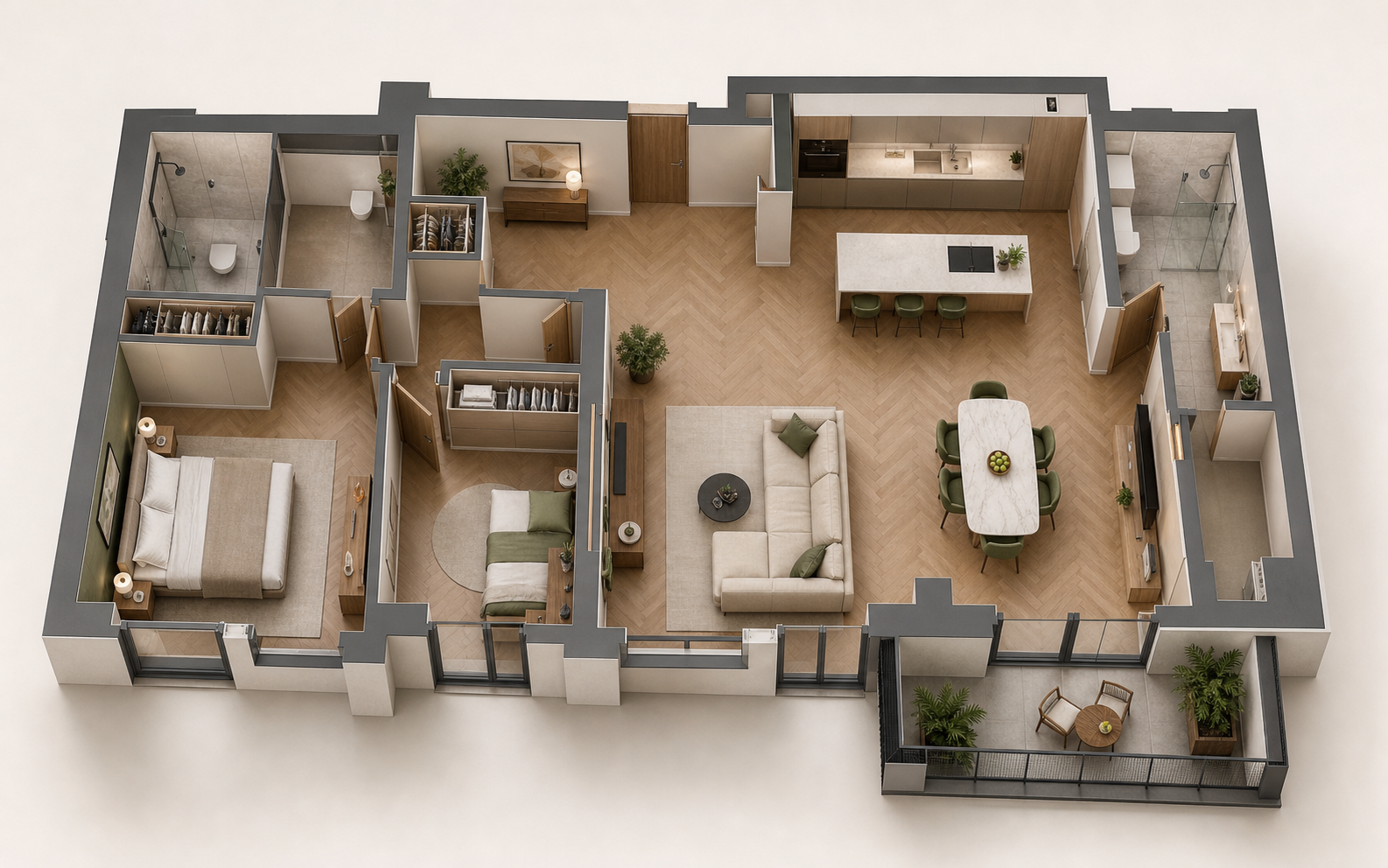 Rendering 3D arredato di un appartamento visto dall'alto